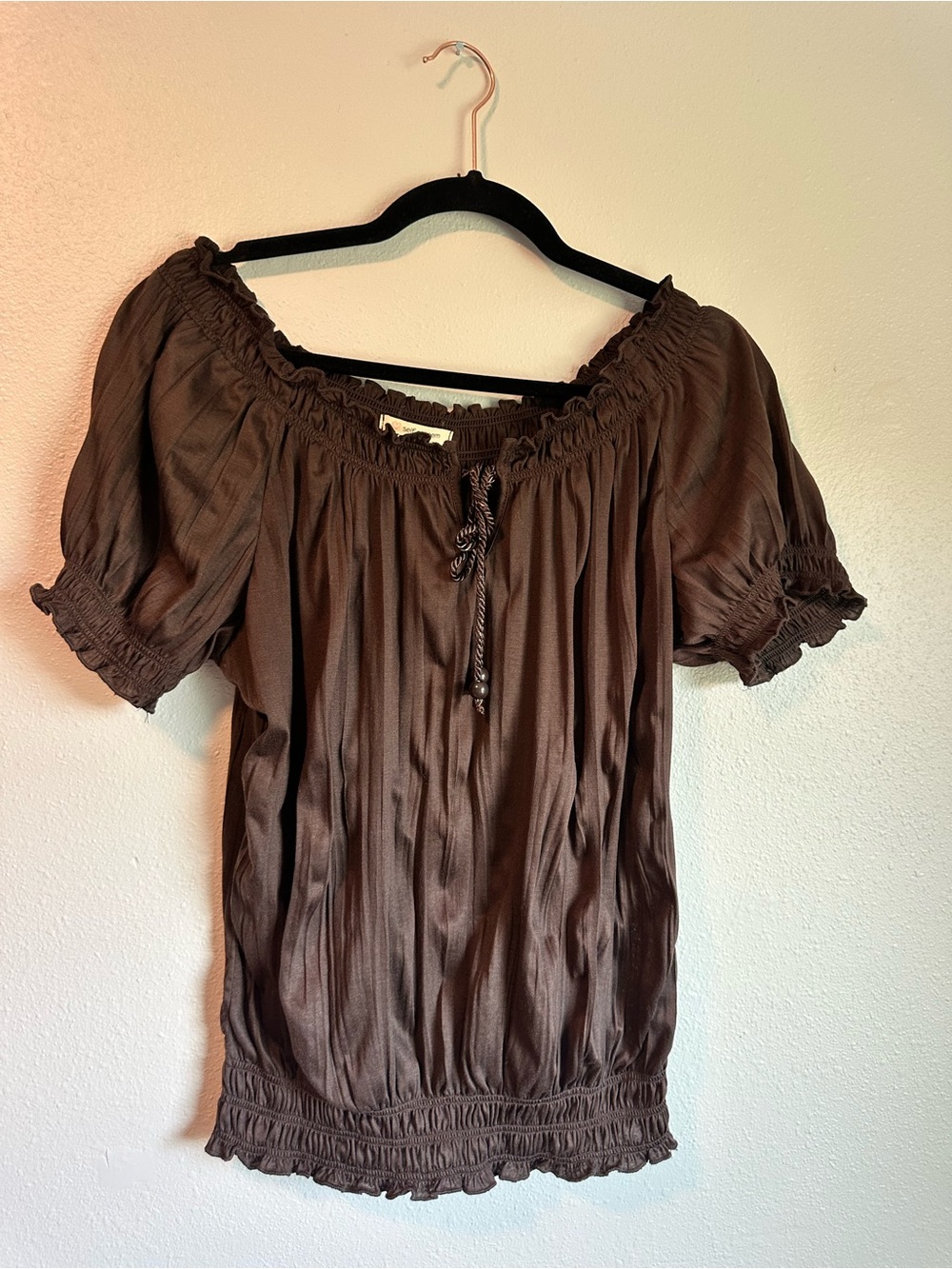 Vintage Y2K Boho Self Esteem Top Brown Off Shoulder Peasant Top